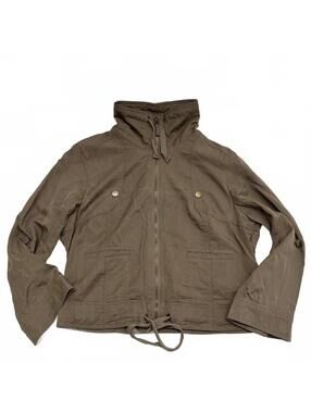 Y2K San Francisco Brown Twill Cropped Jacket High Collar Drawstrings Waist Sz 7